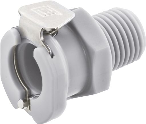 Exemplary representation: Coupling socket with male thread, polypropylene, grey